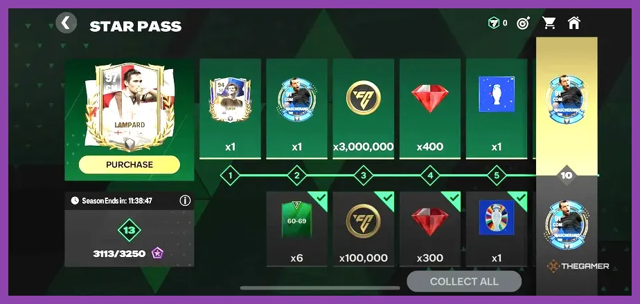 FC Mobile 26 menu screen displaying FC Gems balance and Star Pass progress