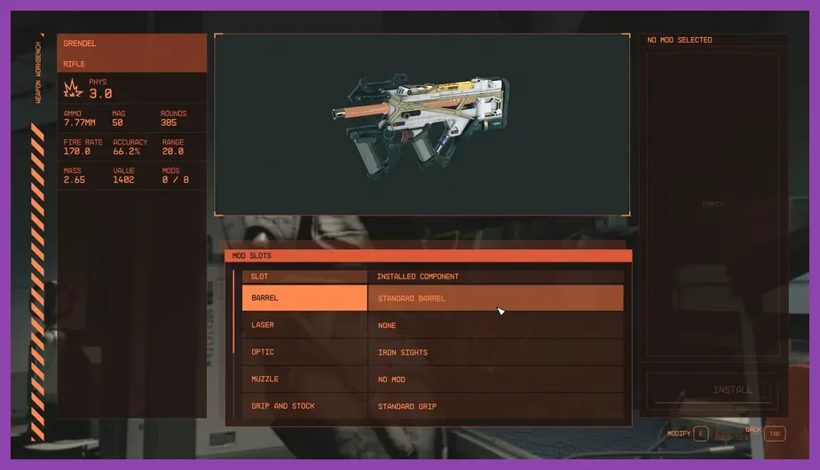 Customizing weapon attachments at the Weapon Workbench in Starfield