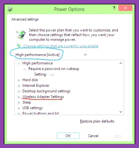 Windows Control Panel power options with High Performance plan active