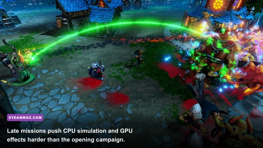 Dungeons 3 late-game battle with many minions heroes and spell effects