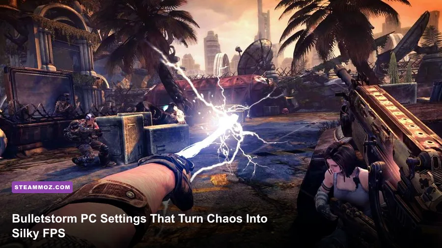 Bulletstorm Full Clip Edition PC gameplay showing Grayson Hunt fighting enemies in a futuristic city