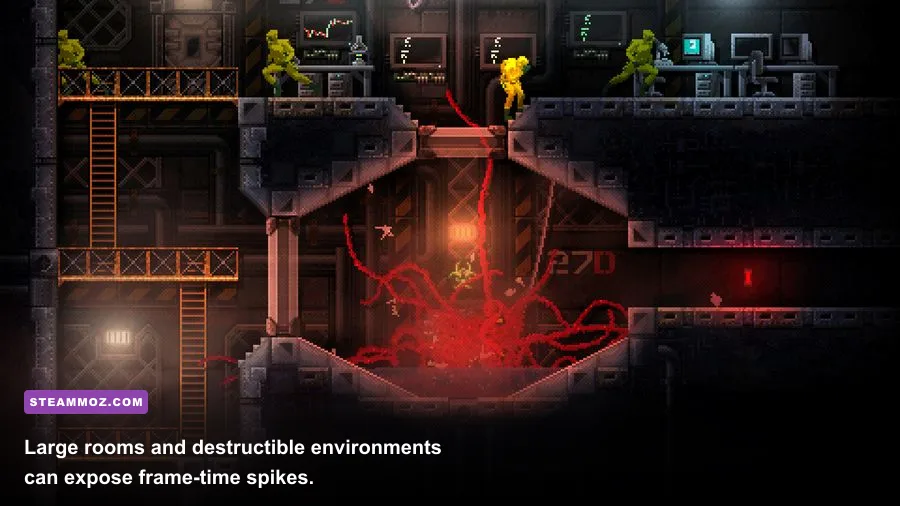 CARRION creature battling through a dark laboratory level