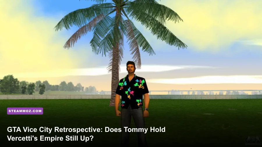 Tommy Vercetti standing in front of the neon-lit Ocean View Hotel in GTA Vice City