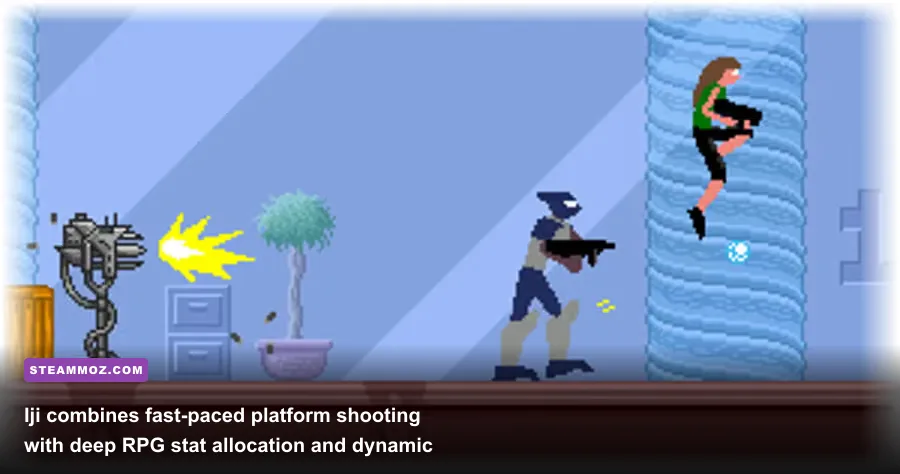Combat gameplay screenshot of Iji fighting alien soldiers with high-tech nano weapons