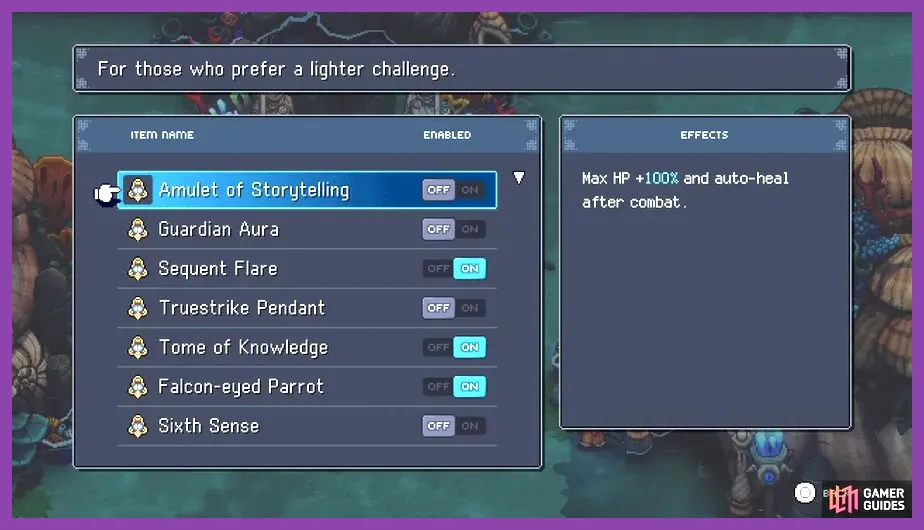 Sea of Stars relic equipment interface showing endgame upgrades