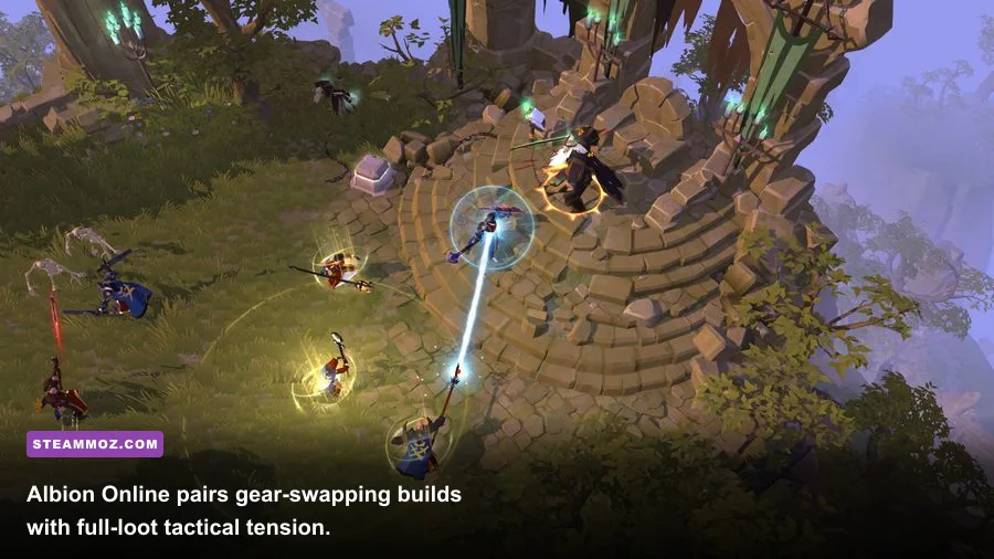 Albion Online guild battle showing skill-shot area of effect indicators