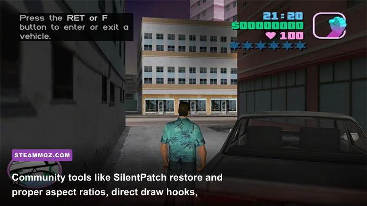 Configuring GTA Vice City widescreen display scaling and SilentPatch optimization on modern PC