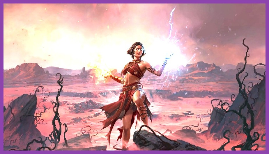 Sorceress casting high-area lightning spell clearing screen in PoE2