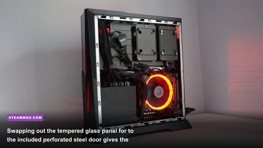 MSI Trident X side panel with open perforated steel mesh providing airflow to the graphics card
