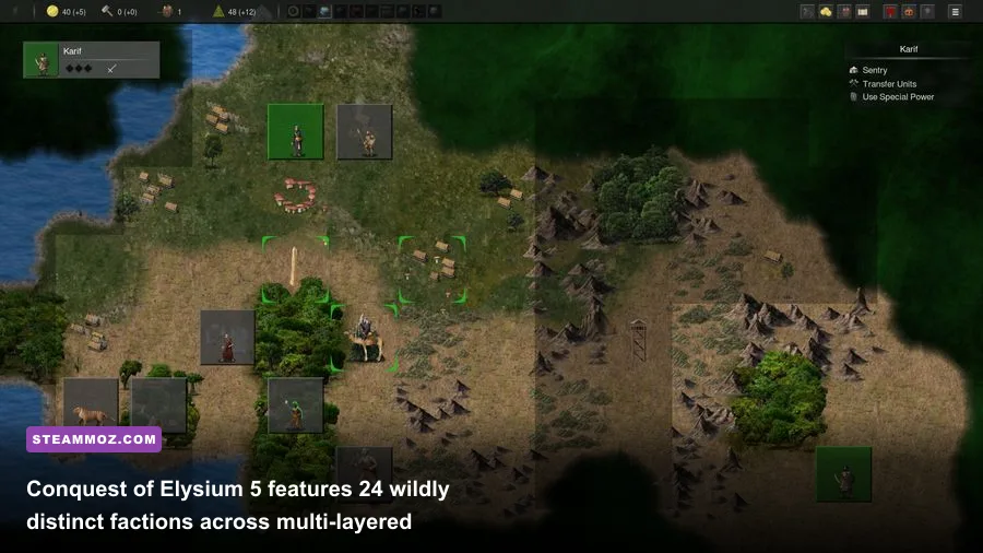Tactical turn-based world map in Conquest of Elysium 5 showing planar travel