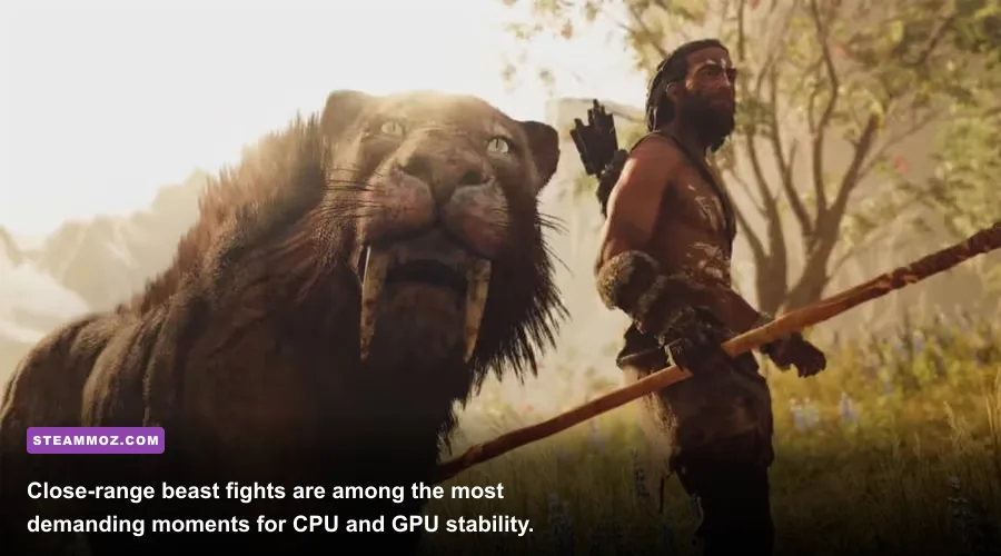 Far Cry Primal hunter fighting a sabretooth tiger with a spear