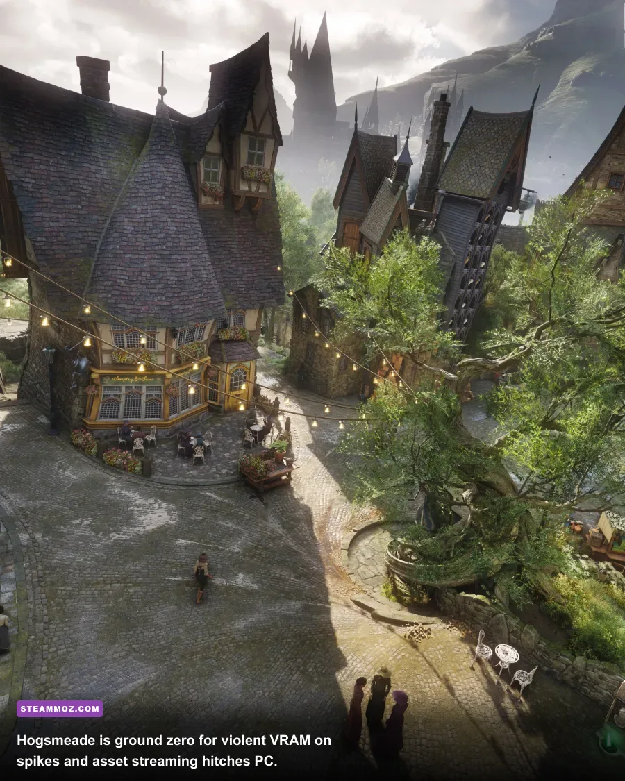 Cobblestone streets of Hogsmeade crowded with NPCs in Hogwarts Legacy