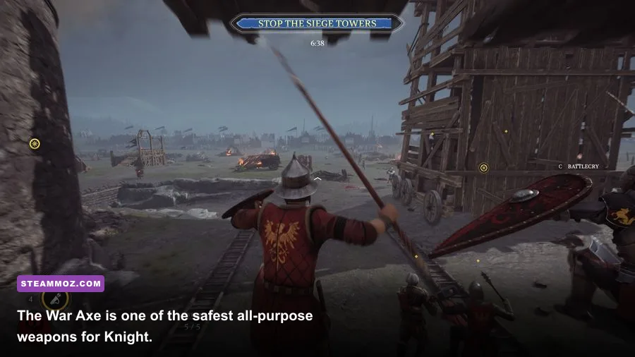 A Chivalry 2 Knight using the War Axe during a castle siege