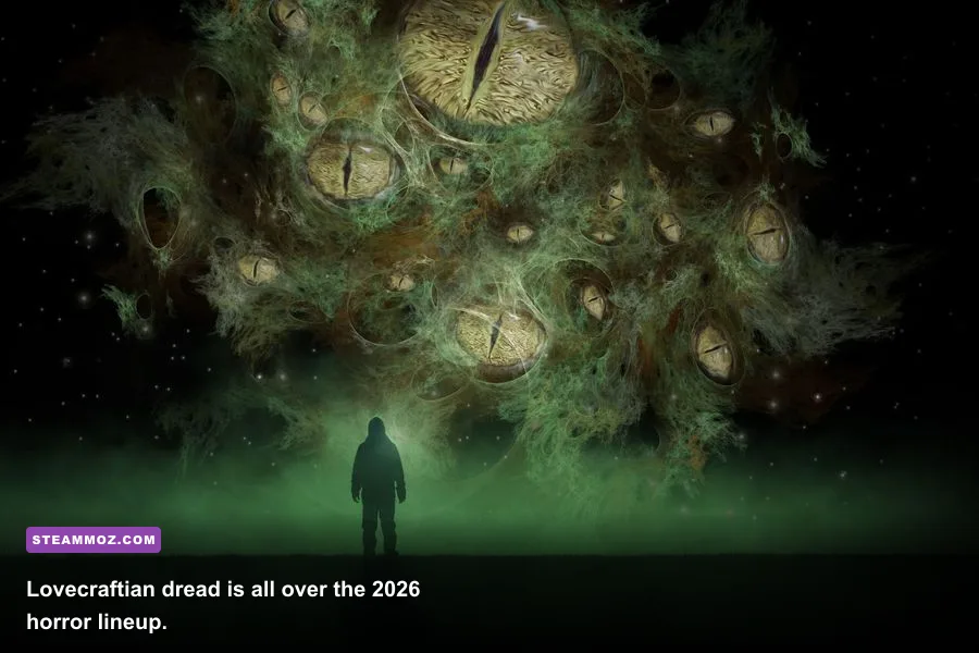 Cosmic horror game screenshot showing a ritual and tentacled creature