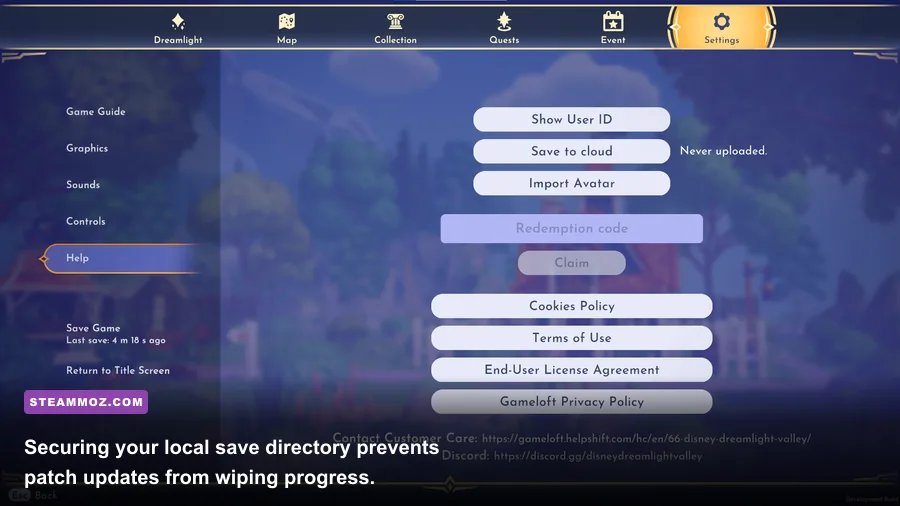 In-game settings screen and save menu options inside Disney Dreamlight Valley