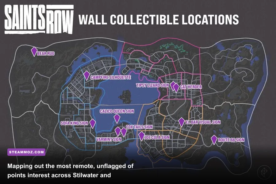 Map view of Stilwater highlighting secret exploration zones and offshore locations