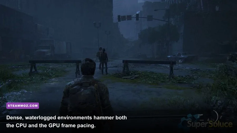 Joel and Ellie navigating the flooded streets of Pittsburgh in The Last of Us Part I