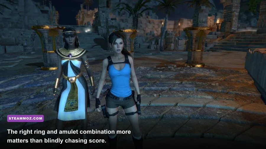 Temple of Osiris equipment screen showing weapons rings and amulets