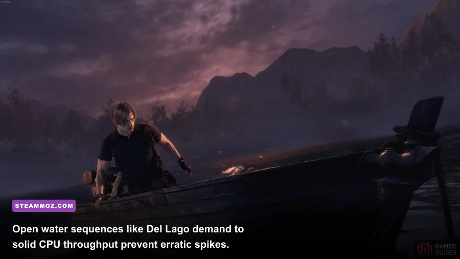 Leon piloting a wooden boat fighting Del Lago in Resident Evil 4