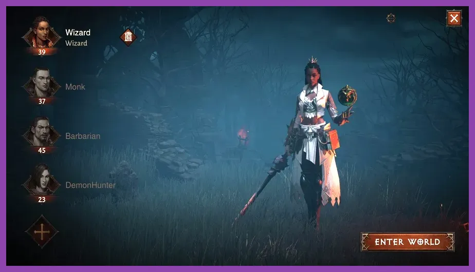 Character selection menu in Diablo Immortal showing active hero classes and gear