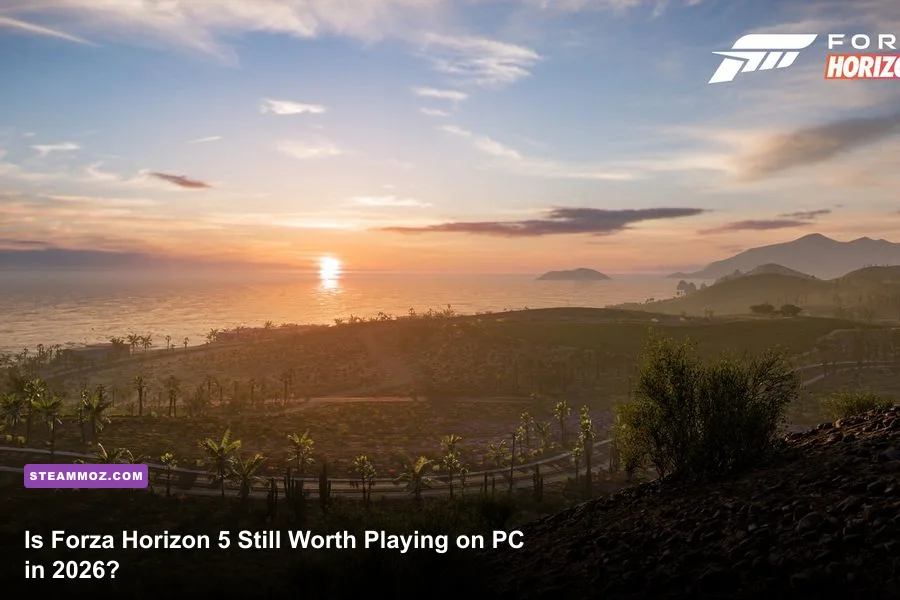 Forza Horizon 5 PC gameplay across the Mexican desert at sunset