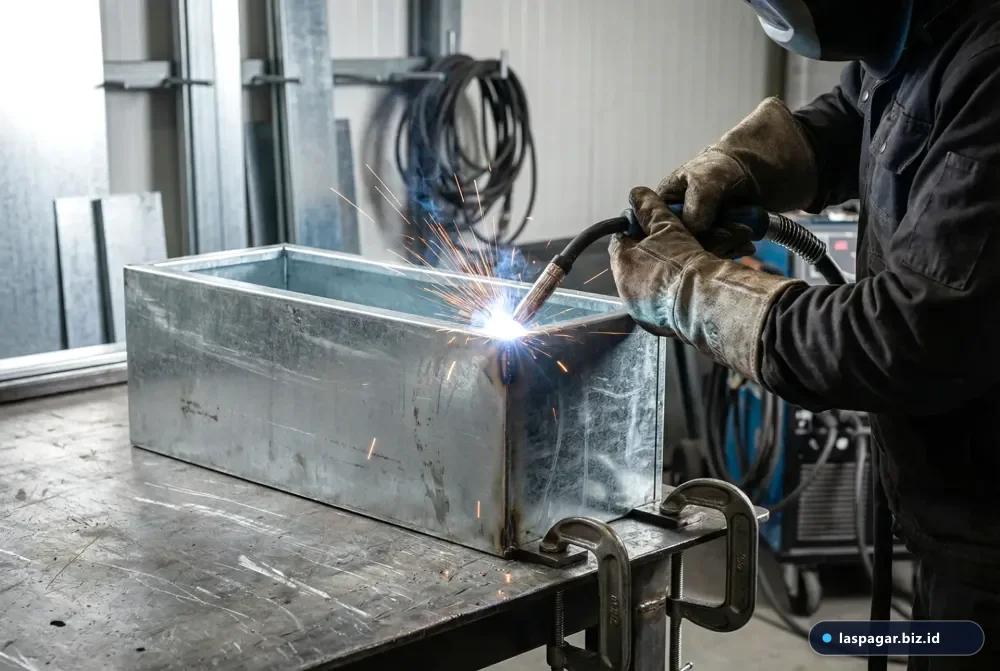 Proses fabrikasi bengkel las custom planter box besi