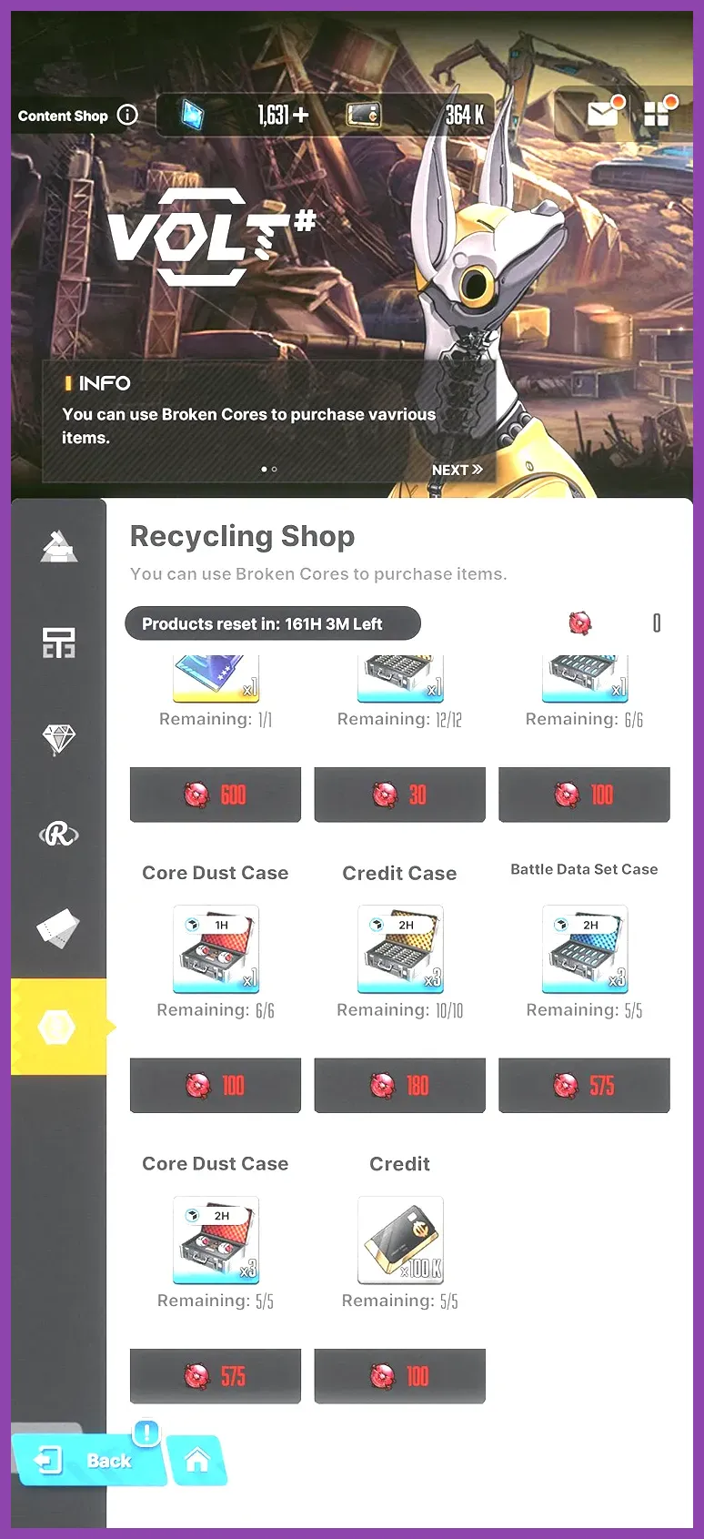 Goddess of Victory Nikke recycling shop exchange menu