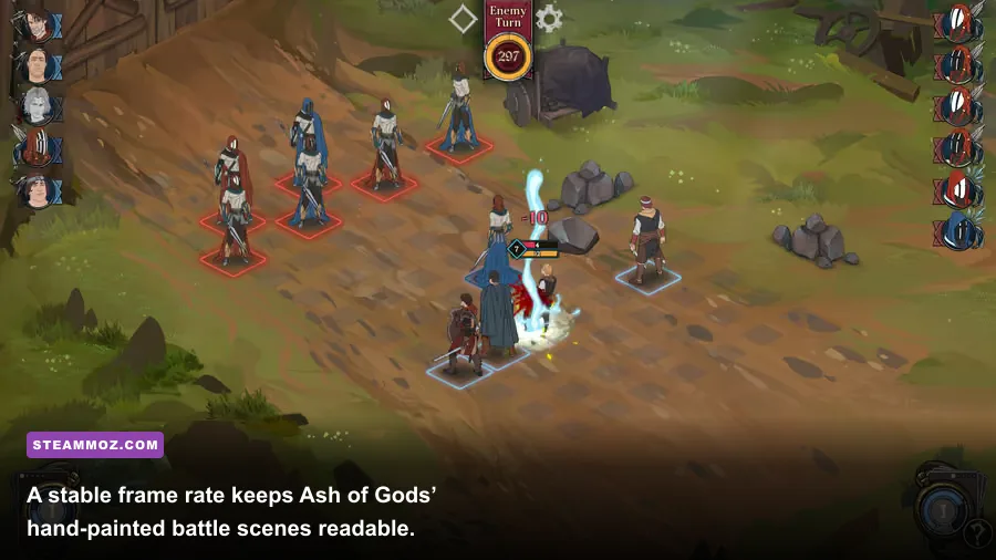 Ash of Gods Redemption illustrated battlefield with fantasy characters