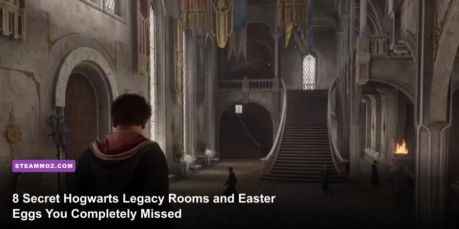 Player character exploring a dimly lit secret chamber inside Hogwarts Castle