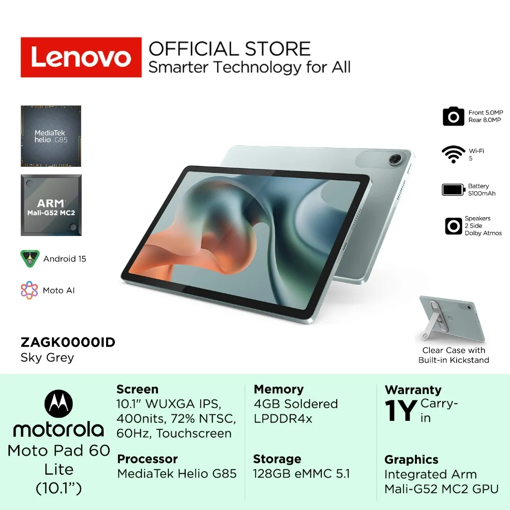Motorola Moto Pad 60 Lite 10inch 00ID + Clear Case, MediaTek Helio G85, RAM 4GB, 128GB eMMC, 10.1" WUXGA 60Hz Touch, Integrated Arm Mali-G52 MC2 GPU, Dolby Atmos, Battery 5100mAh, Tablet Android Touchscreen Lenovo Motopad Tab ZAGK0000ID Sky Grey