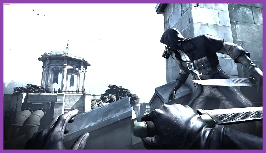 Dishonored gameplay screenshot showing the streets of Dunwall on PC