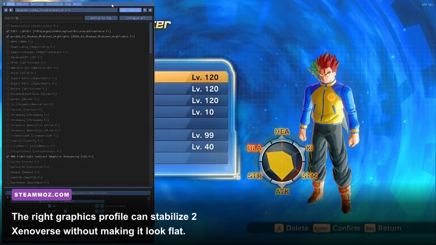 Dragon Ball Xenoverse 2 PC graphics settings menu showing resolution and visual options