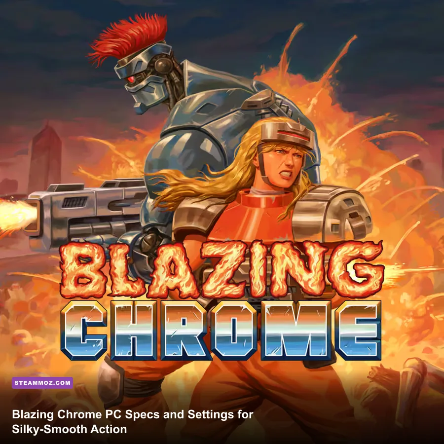 Mavra battles robotic enemies in Blazing Chrome on a neon industrial battlefield