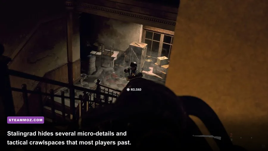 Polina Petrova sneaking through a destroyed apartment building in Stalingrad