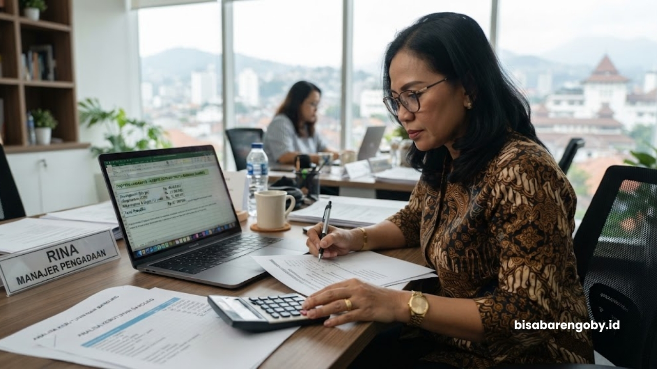 Manajer pengadaan memproyeksikan anggaran saat menghitung biaya website company profile untuk perusahaan di Bandung berbasis Django