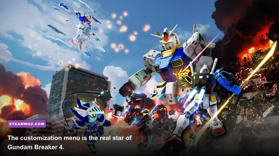 Gundam Breaker 4 Gunpla customization screen showing assembled mobile suit parts