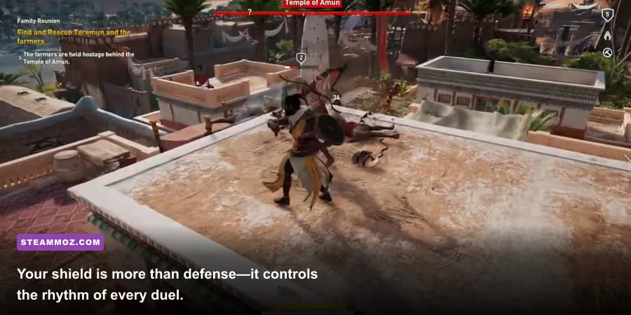 Bayek blocking a Roman soldier with a shield in Assassin's Creed Origins
