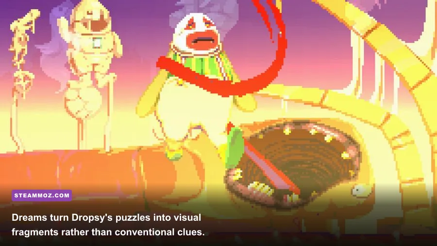 A surreal dream sequence from Dropsy featuring vivid pixel-art imagery