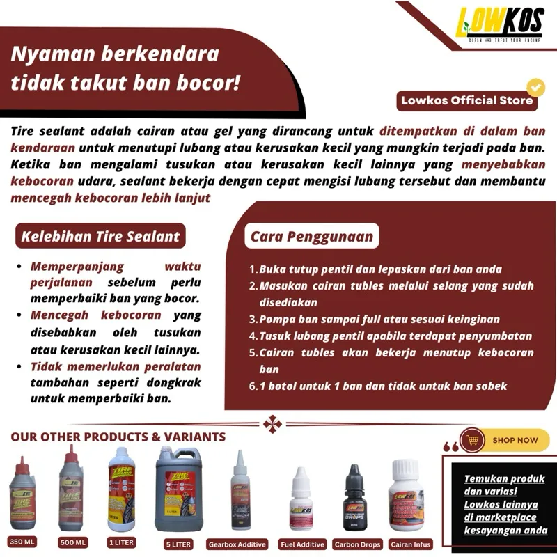 Tire Sealant Cairan Penambal Ban Otomatis Lowkos 500 ML Cairan Tubless - Gambar 4