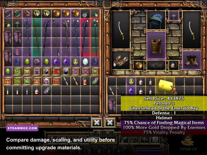 Fated Souls equipment inventory showing weapons and gear choices