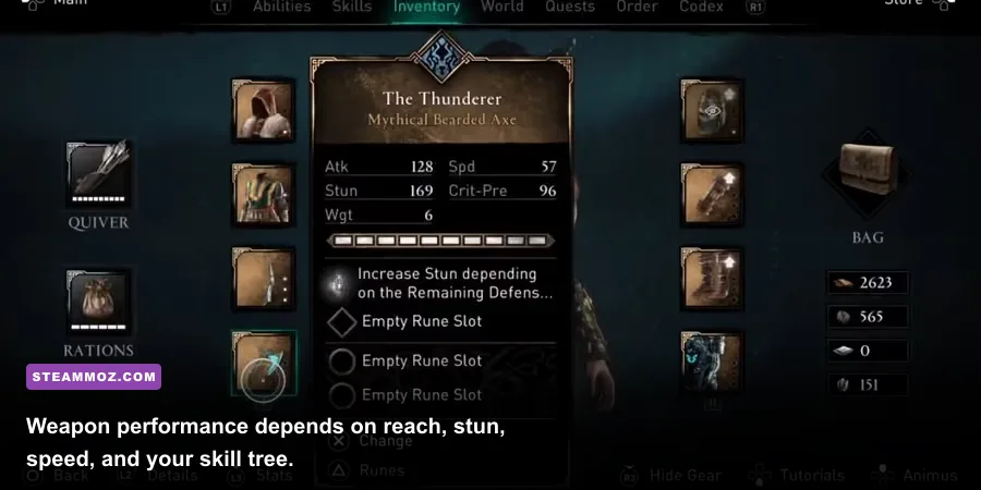 Assassin's Creed Valhalla weapon inventory showing axes swords and hammers
