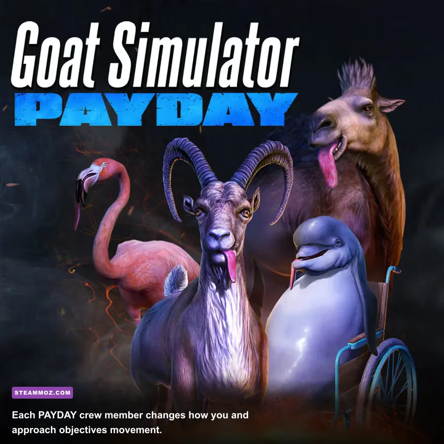 Goat Simulator PAYDAY character selection showing the goat flamingo camel and dolphin