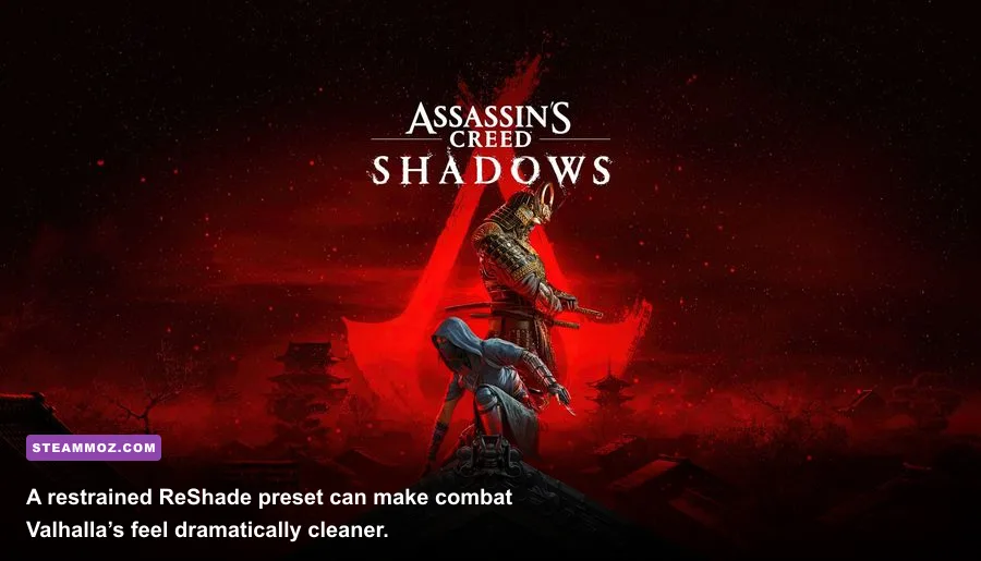 Eivor fighting Saxon soldiers with cinematic ReShade lighting in Assassin's Creed Valhalla