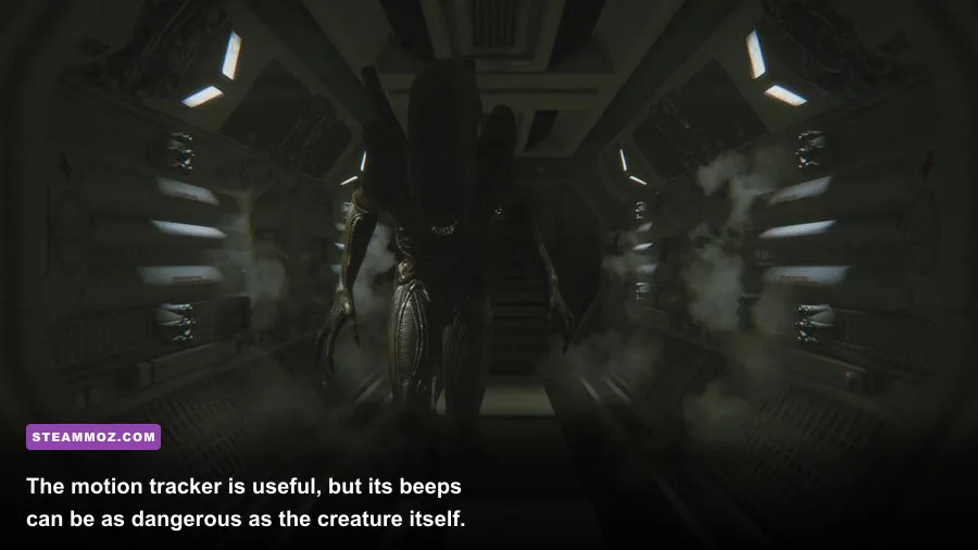 Alien Isolation motion tracker detecting the Alien in a dark corridor