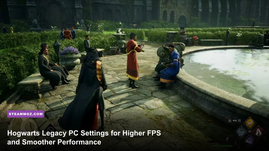 Hogwarts Legacy Hogwarts castle courtyard rendered in high-detail PC graphics