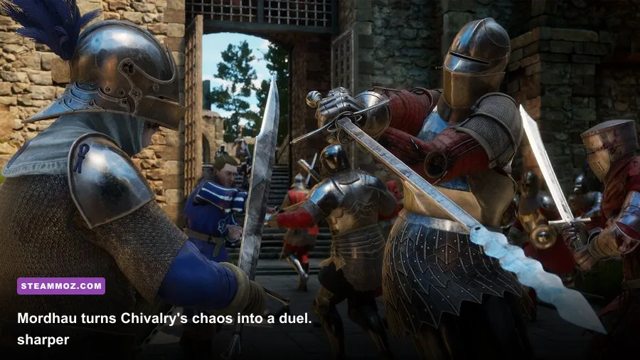 Mordhau players fighting during a medieval castle siege in Frontline mode