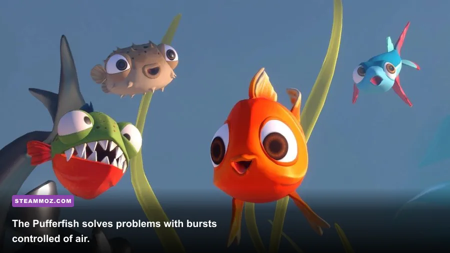 I Am Fish Pufferfish using its inflation ability beside a platform