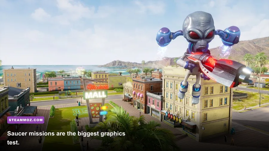 Destroy All Humans flying saucer destroying buildings
