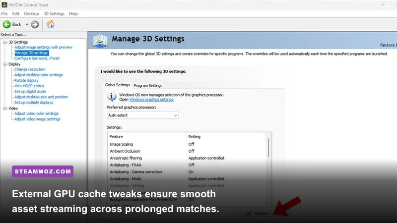 NVIDIA Control Panel 3D application settings configured for high performance