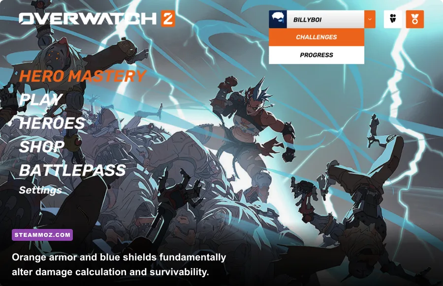 Close-up of Overwatch user interface showing health, armor, and shield meter segments